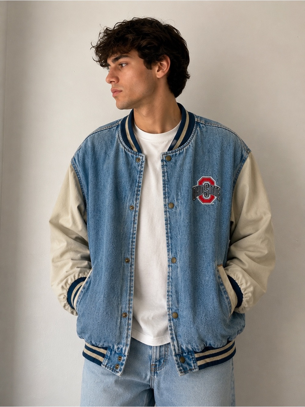 Vintage Ohio State Buckeyes Denim Varsity Bomber Jacket Large NCAA Y2K - Picture 1 of 8